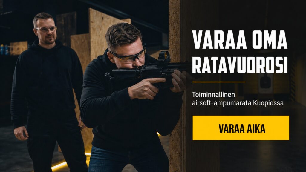 Asiakas harjoittelee ohjatusti toiminnallisella airsoft-sisäampumaradalla Kuopiossa.